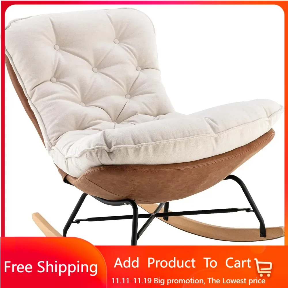 Modern Rocking Chair Linen Glider Rocker Accent Chair with Button Tufted Cushion Comfy Upholstered Lounge Chair for , Cream