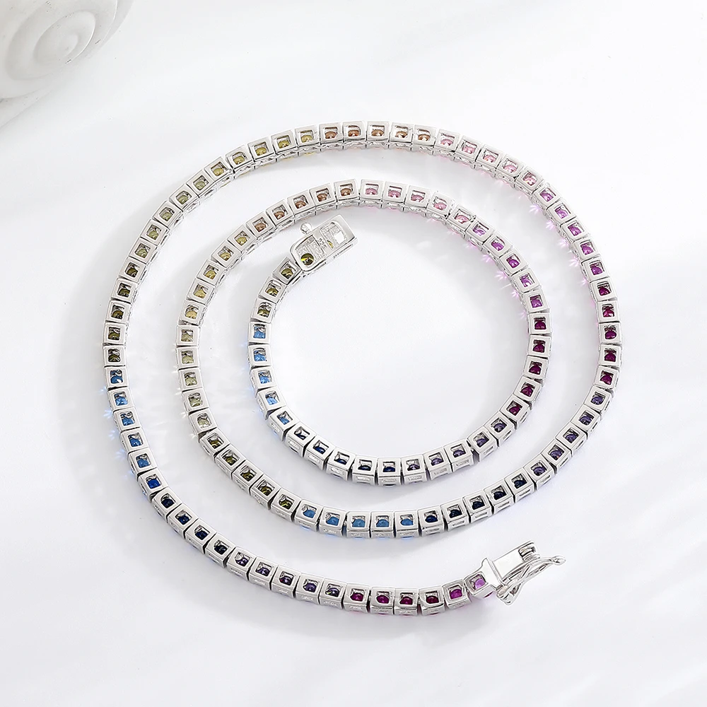 3mm Rainbow Multi-Color Cubic Zirconia 925 Sterling Silver Tennis Chain Necklace for Women, Dainty Jewelry Gift