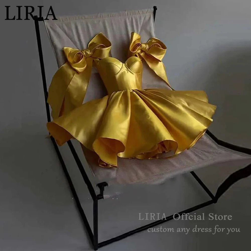 Vestidos de fiesta de satén amarillo LIRIA, vestido corto sin tirantes con lazo para cumpleaños, vestido sexy con cordones en la espalda para mujer, vestido de graduación personalizado