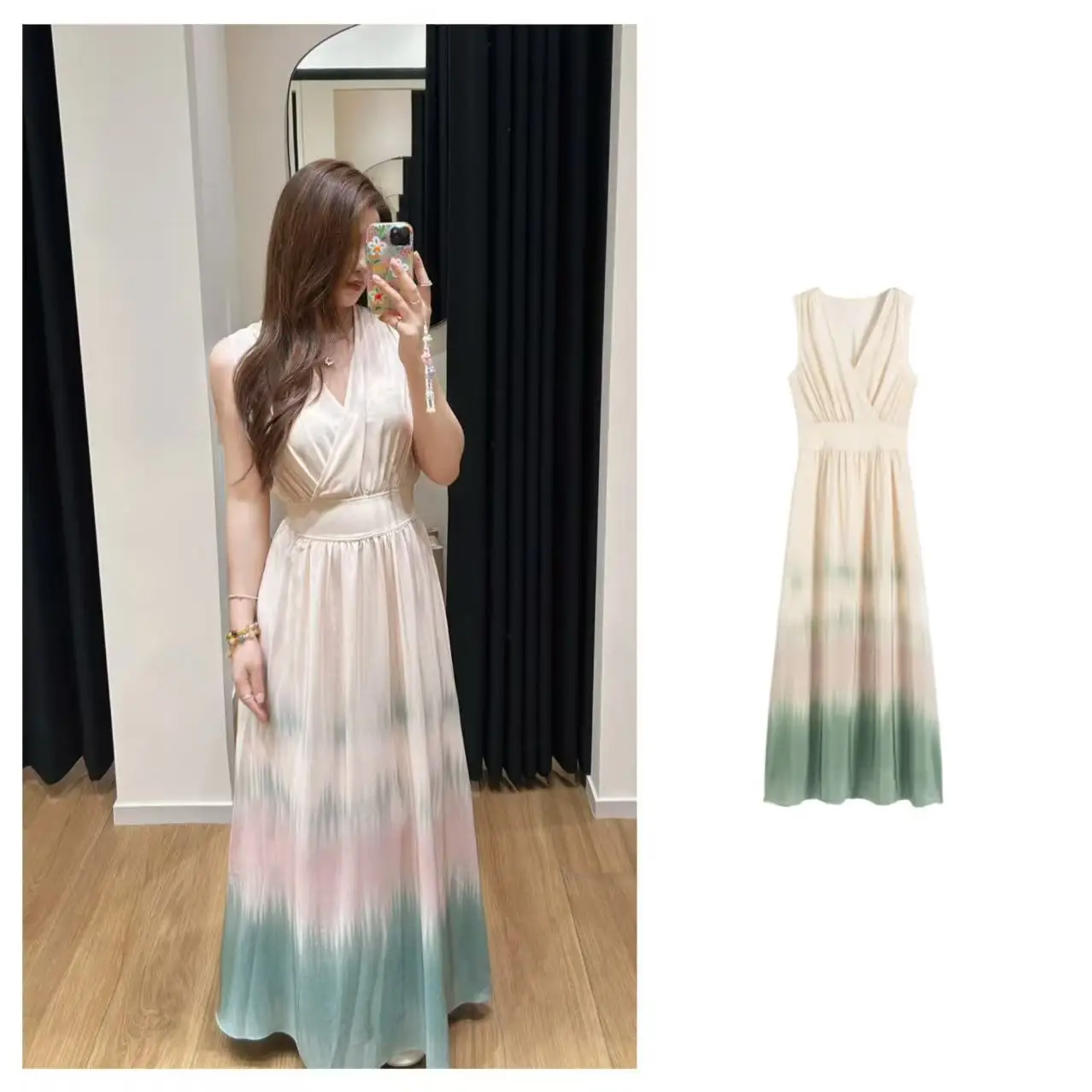 

Paris Bas Long Dress Spring Summer Gradient Color Smear High Waist Vest Dress French Style Polyester Fiber A-Line Skirt