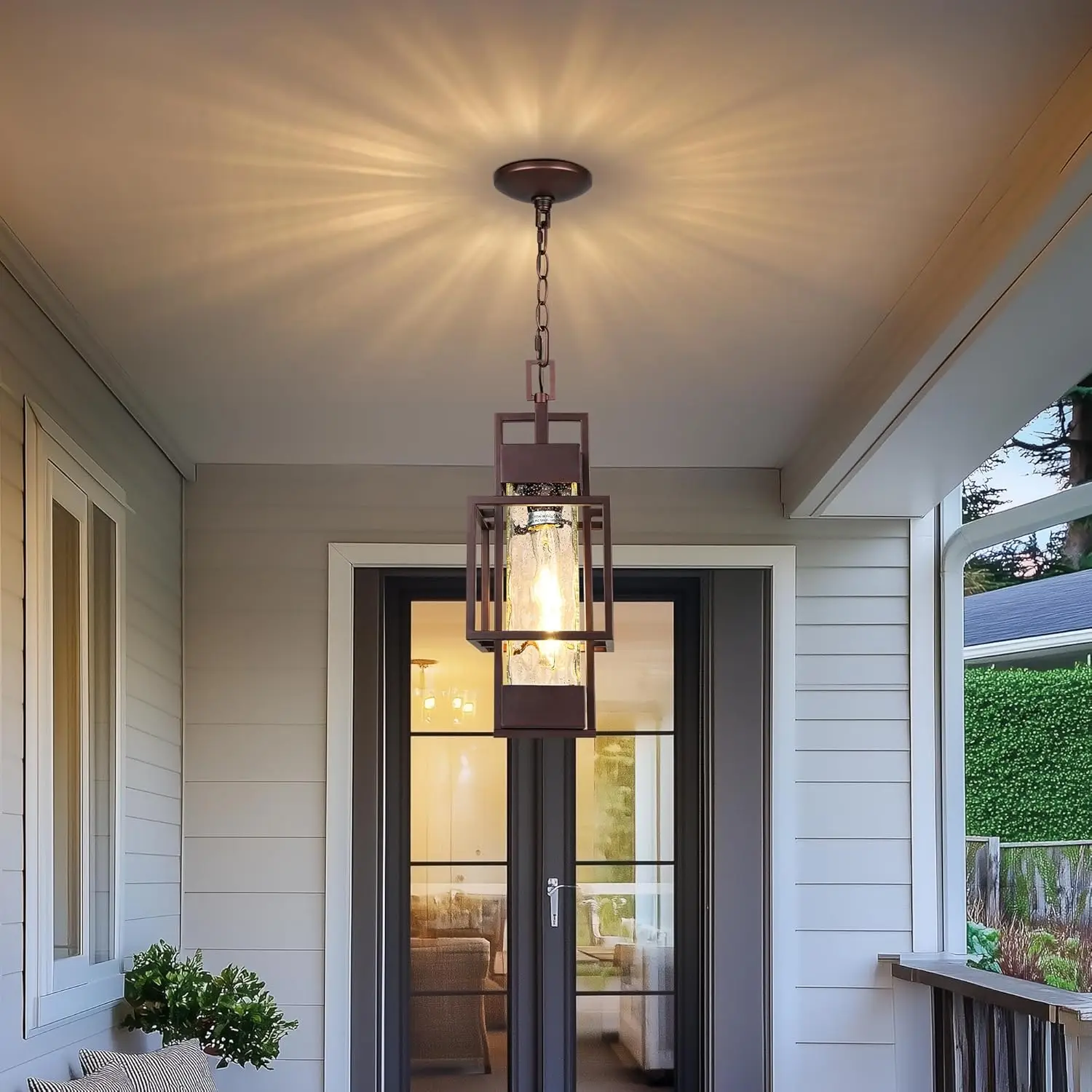 

15" Outdoor Pendant Light, Modern Metal Hanging Lantern with Water Glass for Porch Entryway, Oil Rubbed Bronze