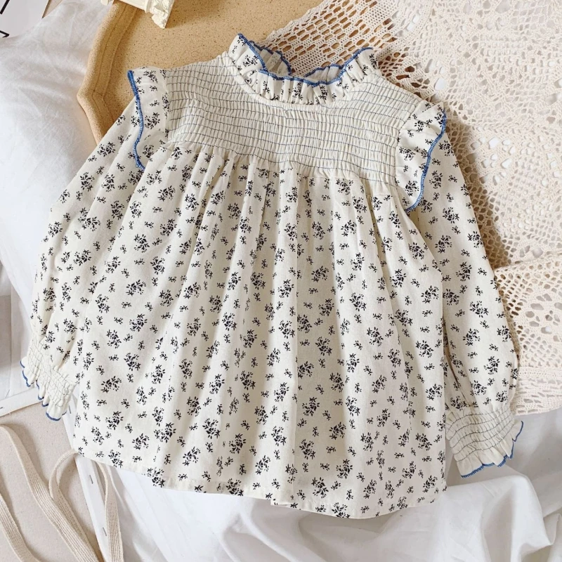 Korean Style Girls' Floral Blouse for Spring/Fall – Ruffled Collar, Smocked Chest & Cuffed Sleeves, Long Sleeve Comfortable Top