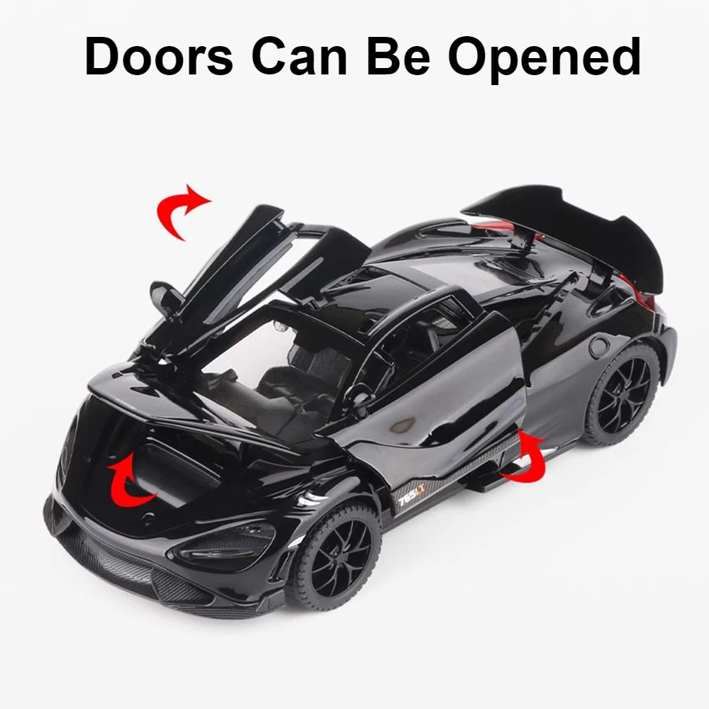 1:32 Scale 765LT Sports Cars Toy Model Alloy Diecast 3 Doors Opened Sound Light Pull Back Vehicle Models Ornaments Kids Gifts