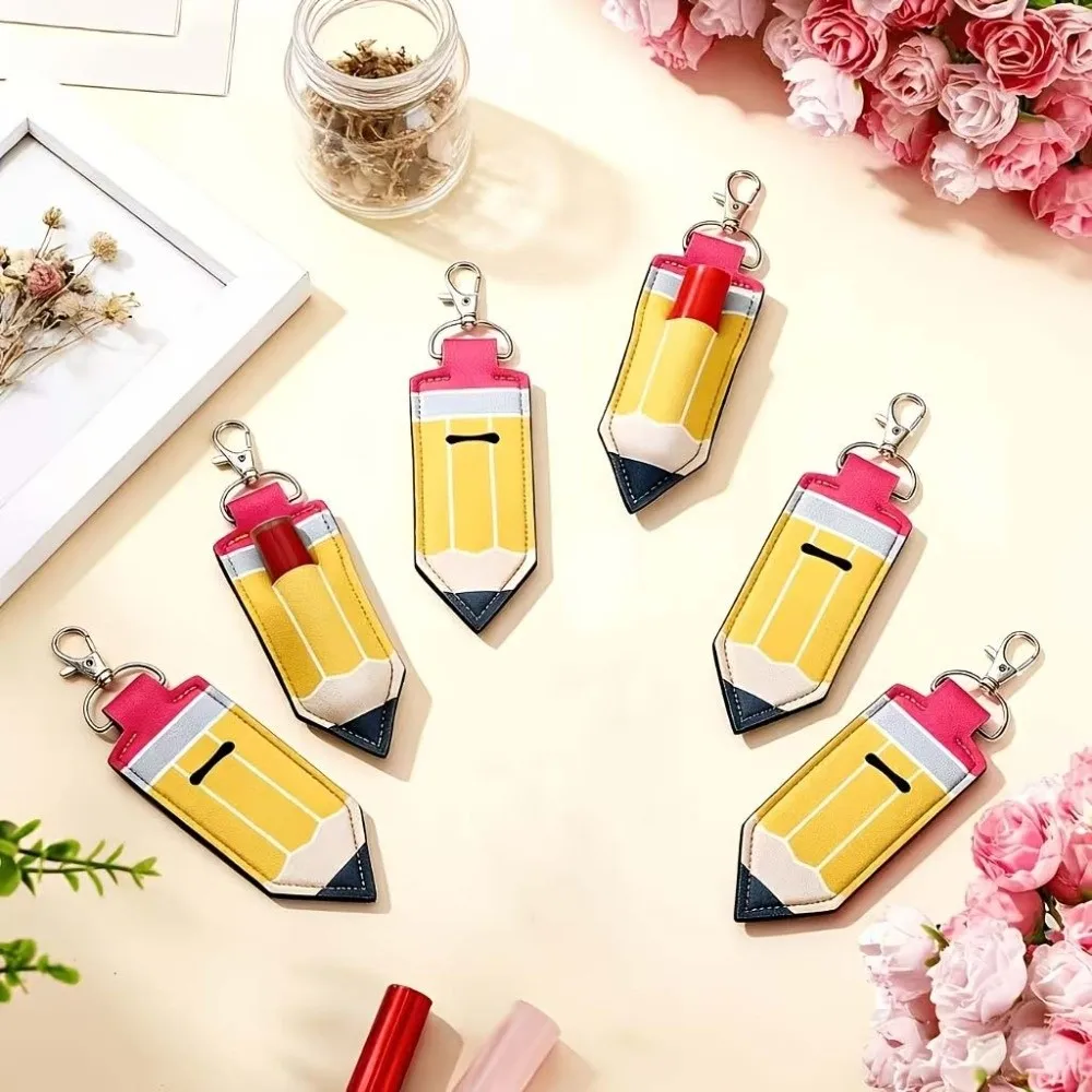 Pencil Shape Chapstick Key Chain Pouch Metal PU Leather Lip Salve Sleeve Pendant Sturdy Stitching Lightweight