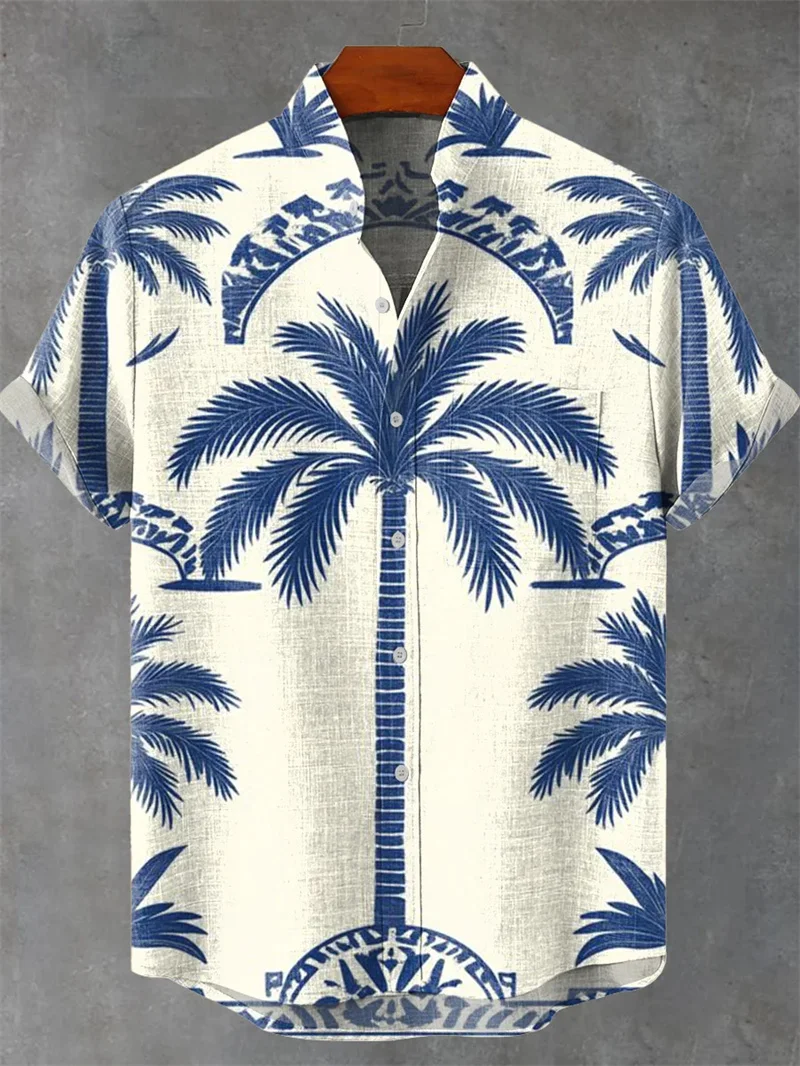 Men's Art Shirt Vintage Abstract Geometric Print Short Sleeve Linen Coconut Tree Casual Shirt Men's Beach Holiday