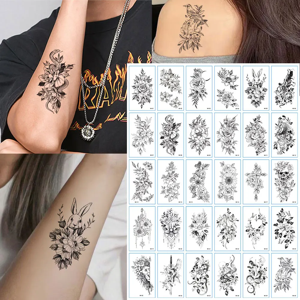 30pcs Temporary Tattoo Sticker Flower Snake Small Patterns Suitable for Men And Women Hands Bodies Fake Tattoos Waterproof