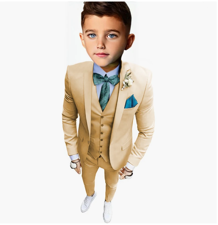 Casual Beige Suit for Boys Wedding Notached Lapel Fashion Style Jacket Vest Pants 3 Pieces Party Child Clothes Slim Fit Kids