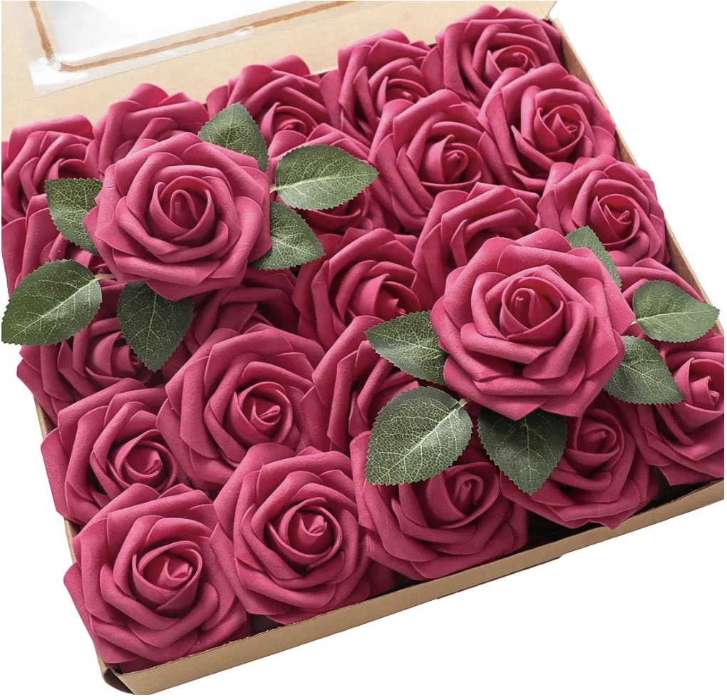 Artificial Flowers 25/50pcs Real Looking Fuchsia Foam Fake Roses with Stems for DIY Wedding Bouquets Bridal Shower Centerpieces