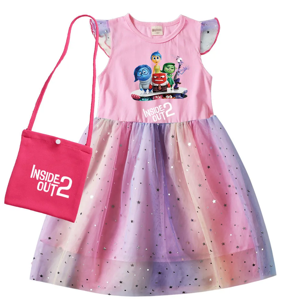 Summer Inside Out 2 Joy Costume Kids Cartoon Joy Short Sleeve Dress+bag Funny Clothes Toddler Girls Birthday Party Casual Dress