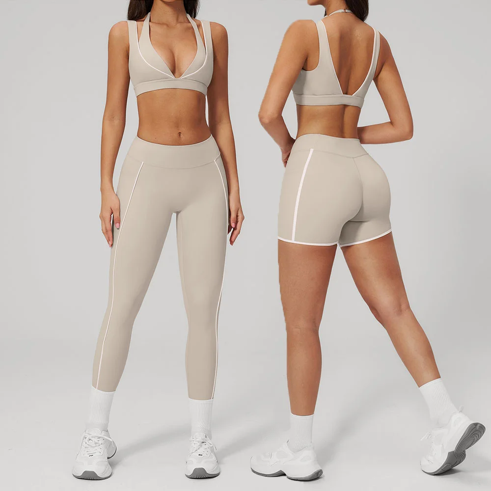Conjunto de Yoga 2 Peças Feminino: Top Esportivo Antichoque e Shorts Ciclismo de Cintura Alta para Academia e Treino