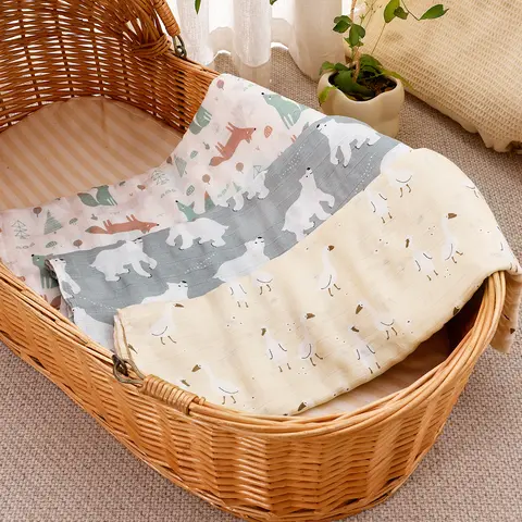 3 개/대 120x110cm 대나무 면화 아기 모슬린 포장 담요 신생아 아기를위한 귀여운 소프트 인쇄 유아 수건 포장