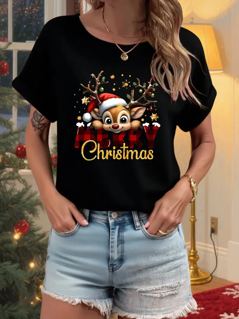Merry Christmas TShirt Women Cute Reindeer Santa Print Xmas Holiday Casual Tops Streetwear Daily Wear Fashion Festive Winter Top