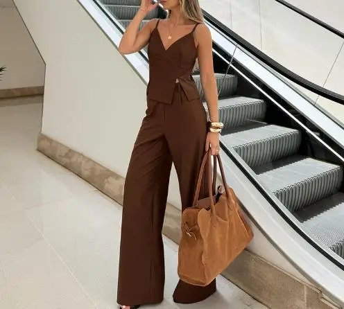 

Сексуальные элегантные комплекты из 2 предметов, женские наряды, коричневая майка без рукавов с v-образным вырезом, жилет с разрезом, длинные брюки, комплект 2025, весна/лето, мода