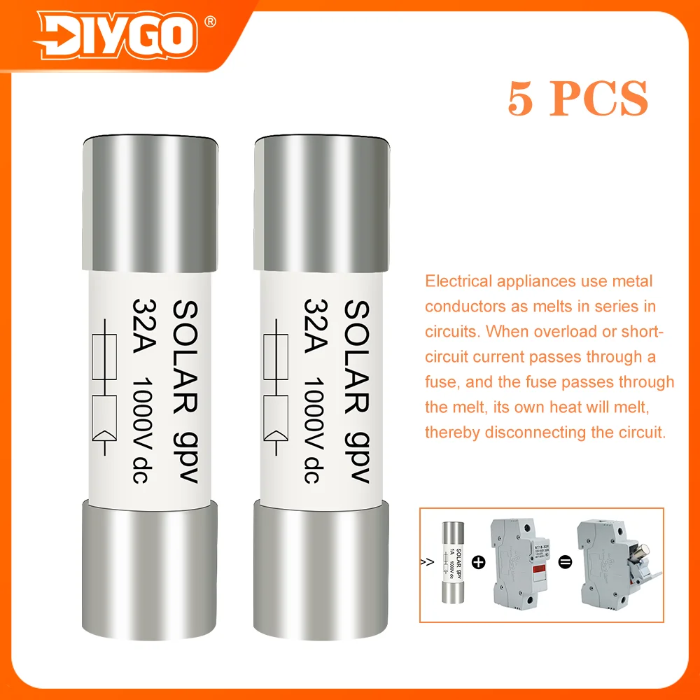 5Pcs 10x38mm DC PV Solar Fuse Core 1000VDC 1A 2A 3A 4A 5A 6A 8A 10A 15A 20A 25A 30A 32A High Voltage For Solar System Protection