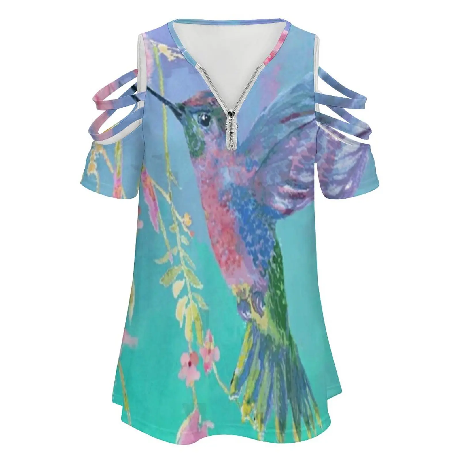 Live A Colorful Life Women's T-Shirt Summer Fashion Print Floral V-Neck Zipper Tshirt Hollow Pullover Ladies Top Hummingbird