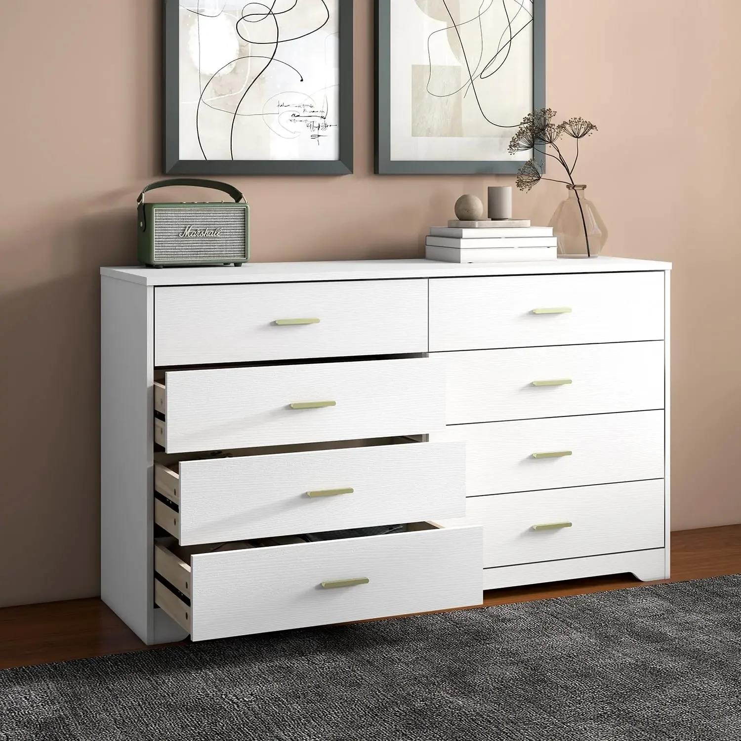 8 Drawer Wood Lateral Dresser, Big Wide Chest of Drawers Storage Organizer with Metal Gold Handles Home Bedroom White/Black