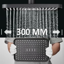 Cabezal de ducha de gran flujo, Panel grande de 30CM, supercarga, montado en el techo, negro, 4 modos, masaje de alta presión, lluvia, Baño