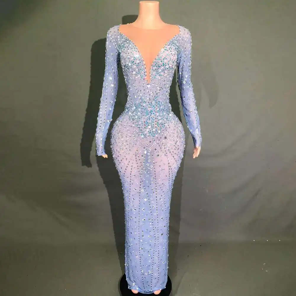

Sparkly Rhinestones Long Dress for Women Sexy Transparent Celebrate Evening Prom Birthday Dress Photo Shoot Wear
