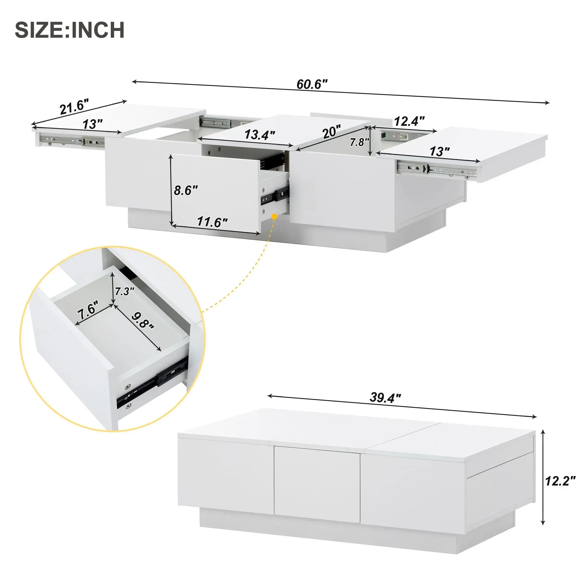 Coffee Table,with2 Large Hidden Storage Compartment,Extendable Cocktail Table with2 Drawers,High-gloss Center Table Sliding Top
