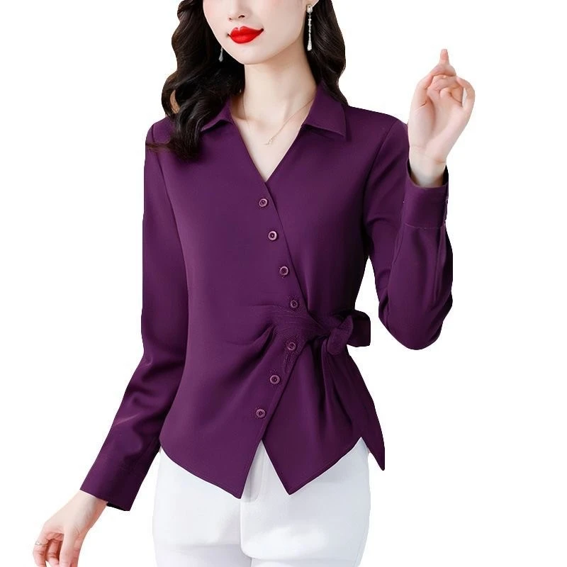 

Autumn New V-Neck High-End Base Shirt Women Simple Pleats Slimming Stylish Versatile Top