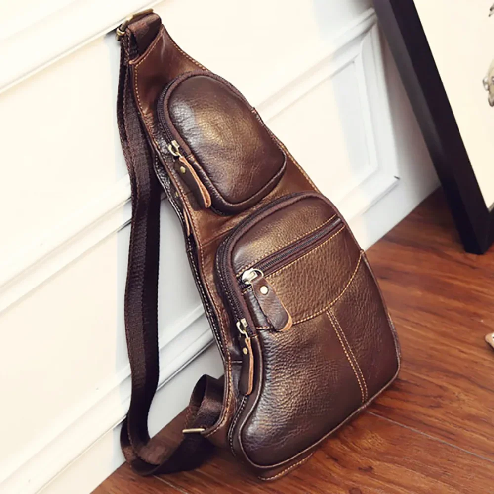 High Quality Men Genuine Leather Chest Shoulder Bag Multi-Pocket Casual Natural Skin Single Rucksack Cross Body Backpack Daypack