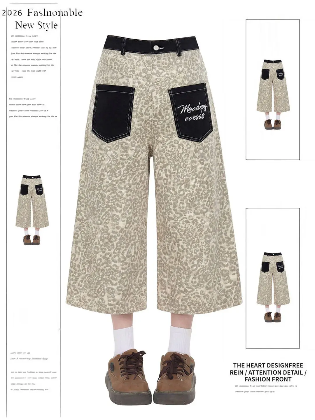 American Style Retro Leopard Print Patchwork Pocket Seven-Foot Pants Women Summer New plus Size Fat MM Slimming Jeans Shorts