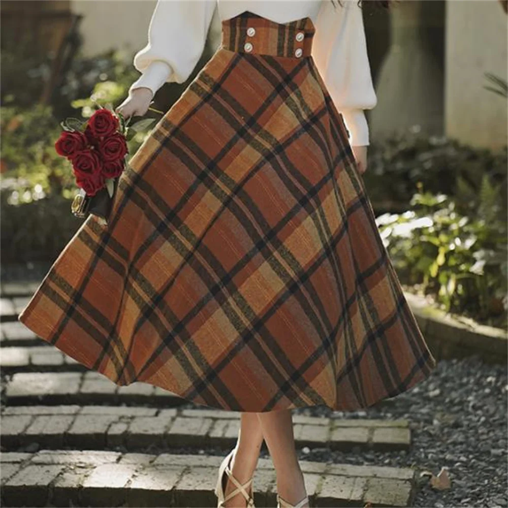 Autumn and Winter Vintage High Waist plaid Skirt Fashion vestido longo evangelico lady