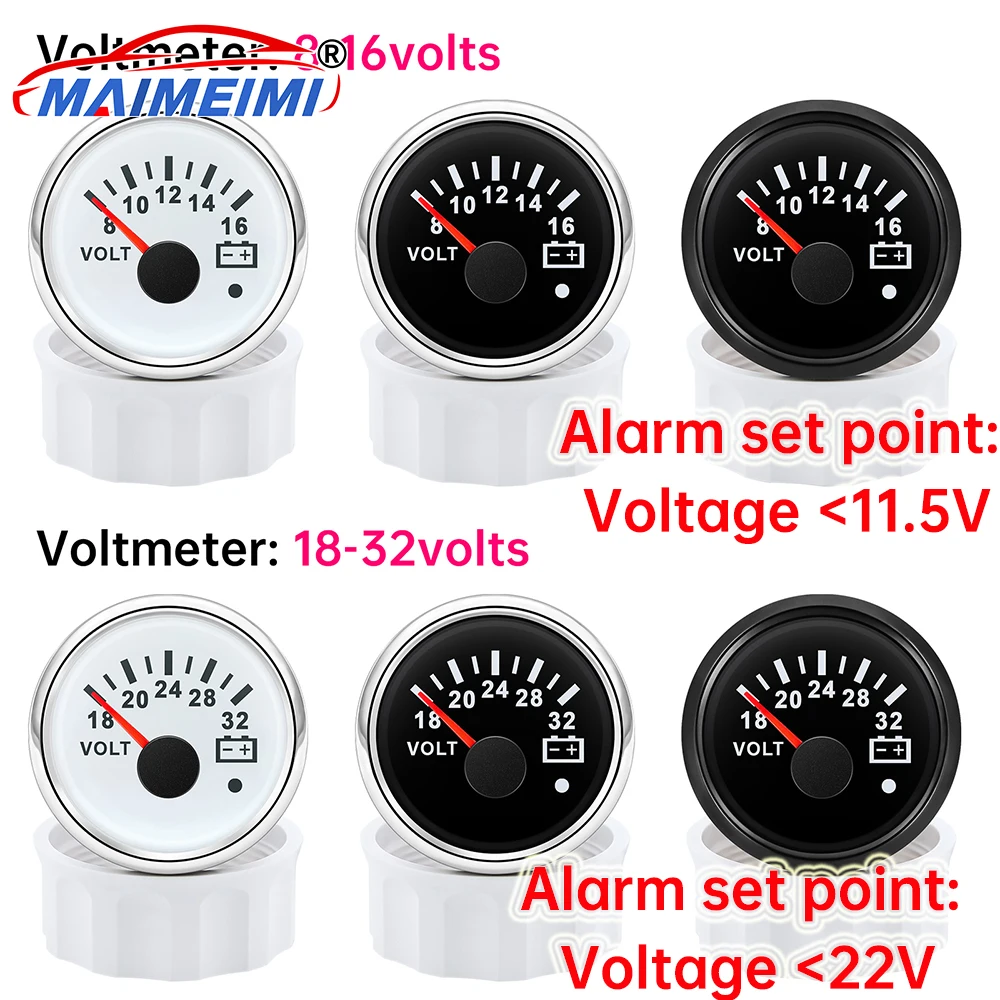8-16V 18-32V Volt Meter Gauge With Warning Light 52mm Digital pointer Voltmeter 7 Colors Backlight Voltage For Boat Car Marine