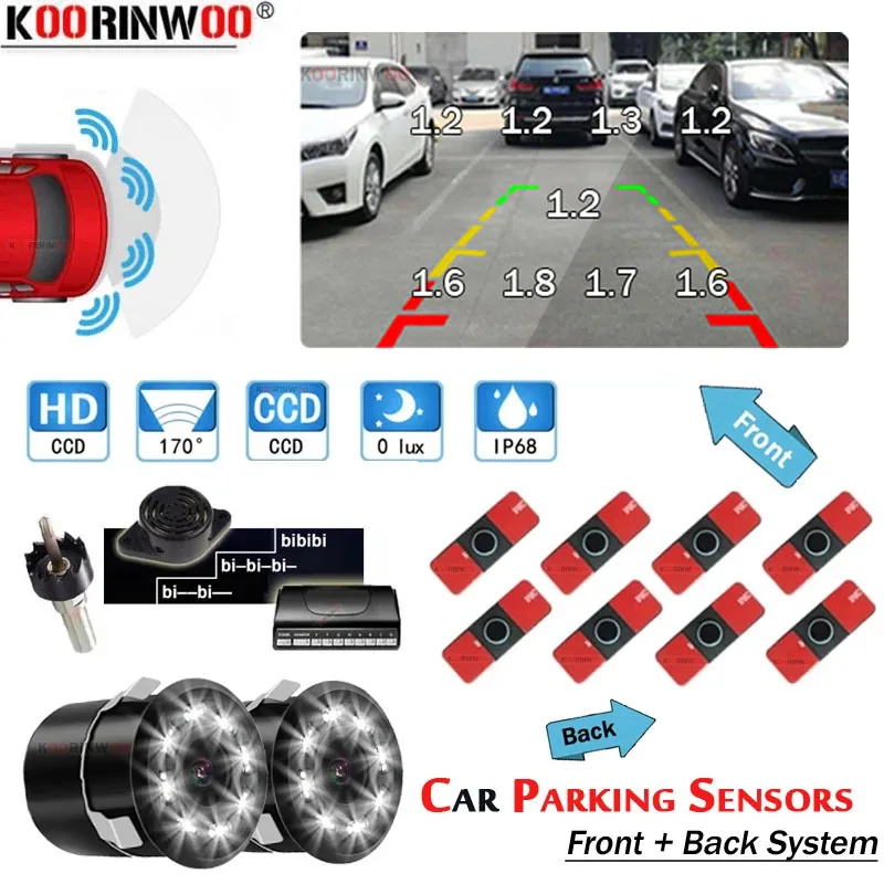 

Koorinwoo Intelligent Parktronic Sensor Kit Front and Rear System With Camera Night Vision LEDs 4/8 Alert Radar Detector Parking