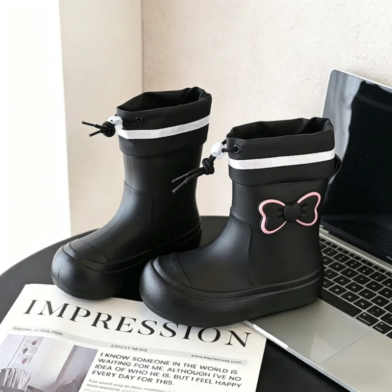 Kids Rain Boots Cute Bowknot Outdoor Casual Water Play Mid-calf Cuff Rain Shoes for Girls