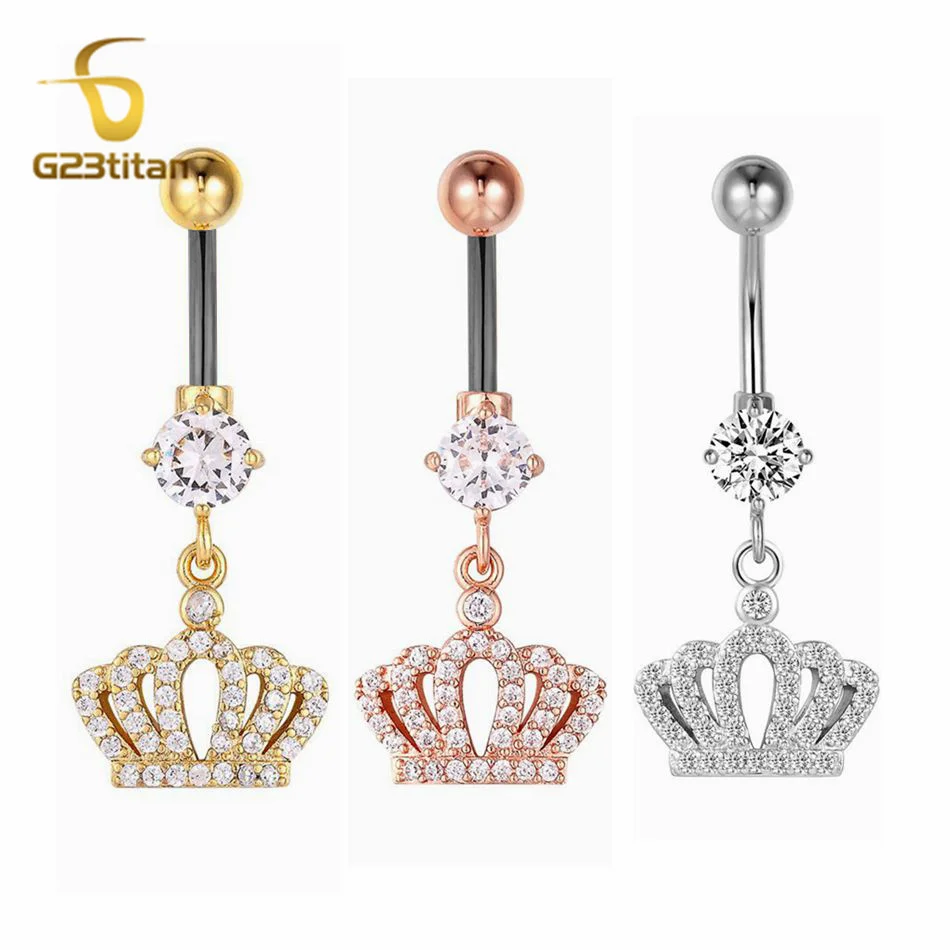 6-16mm Length Barbell Belly Button Rings Micro Inlaid CZ Zircon Crown Pendant Navel Bar Piercing Anti Allergic Women's Jewelry