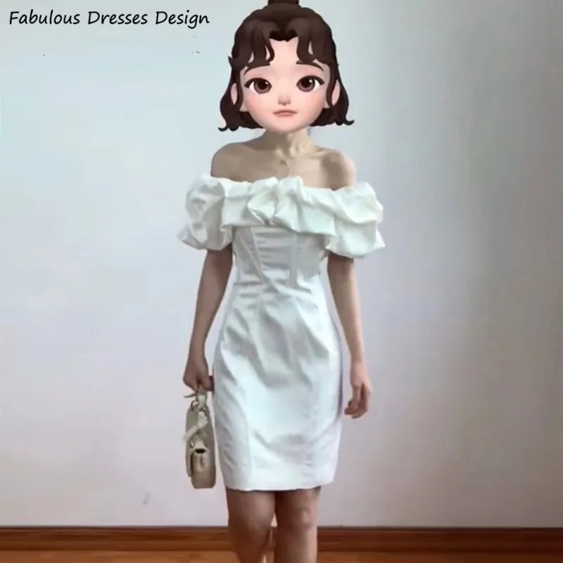 

Stylish White Short Mini Prom Dresses Mermaid Puff Off Shoulder Boat Neck Evening Dress For Women Wedding Party Gown