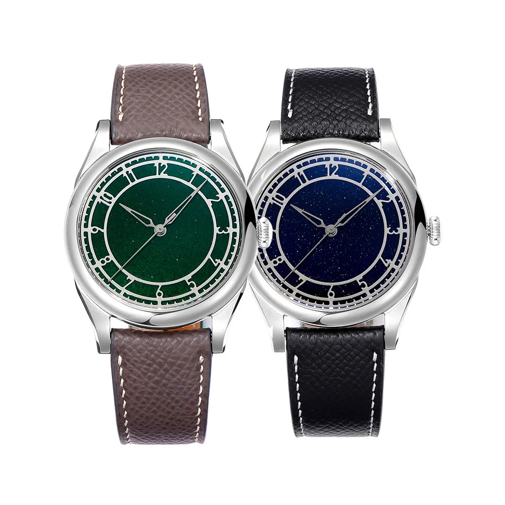 

HUASUO Blue Crystal Sand Green Sand Stone Disc Fully Automatic Mechanical Watch Genuine Leather Business Leisure Watch