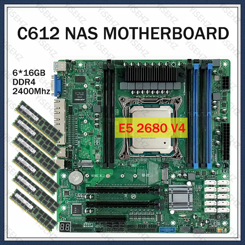 New C612 Nas Motherboard Kit E5 2680 V4 DDR4 6*16=96GB For Servers Firewalls Vpn Virtual Machines Routers 4x2.5GE 10xSATA Raid