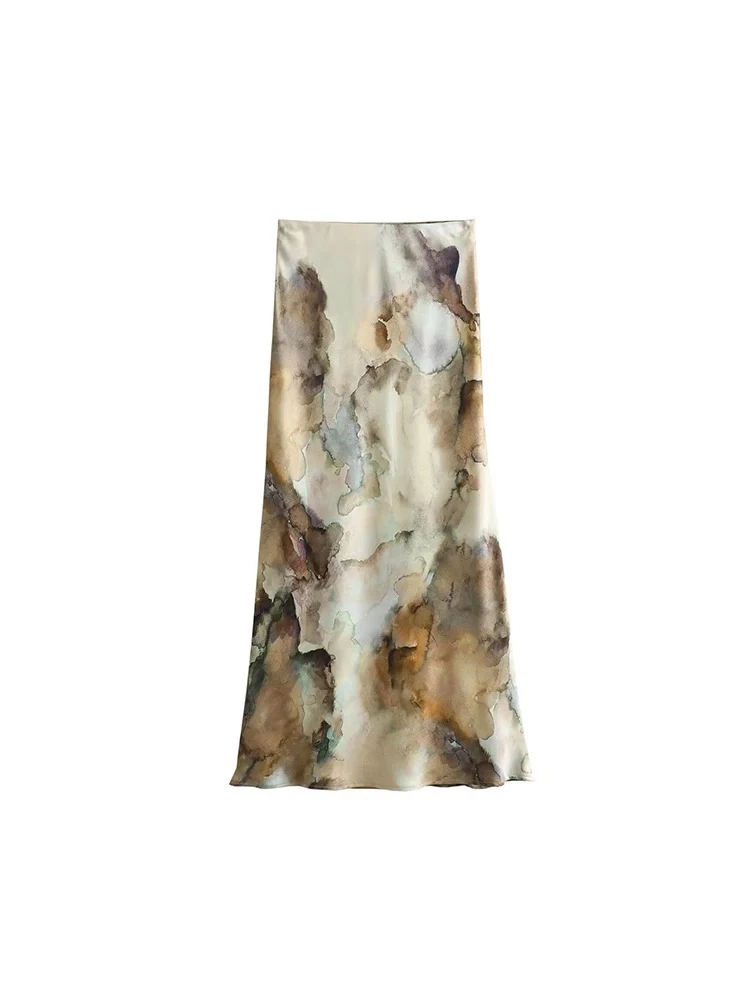 Women's Printed Single Breasted Slim Long Shirt Loose Temperament Fashion Mid-Length Skirt Silk Texture Ink Tie-Dye Suit