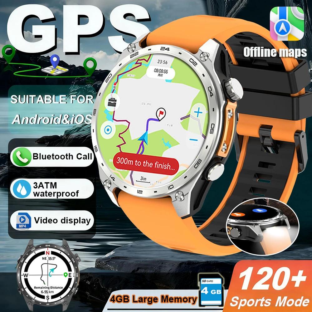 

2025 New GPS Smartwatch Offline Maps 4GB Memory Video Player Military Sports Smart bracelet Men 50m Swimming Waterproof Sapphire