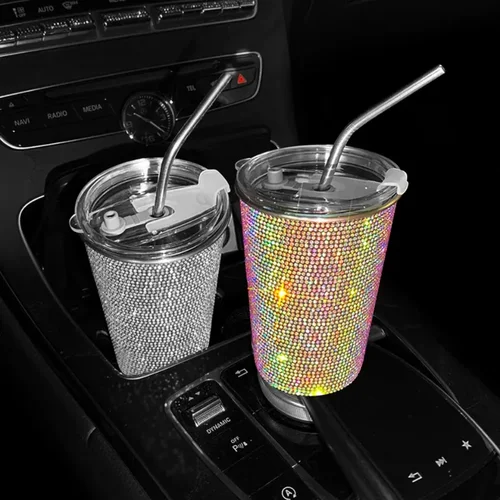 Imagen 2 del producto Taza de agua de acero inoxidable con diamantes ostentosos para coche, 550ML, taza de café y bebidas para mujer, accesorios interiores para coche, hogar y oficina