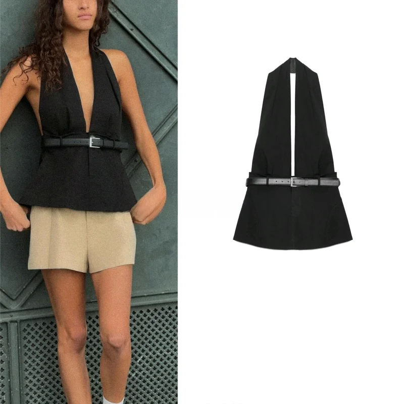 

Сексуальная женская блузка из полиэстера с открытыми плечами, свободного кроя, с узлом, без рукавов, дышащая, повседневная