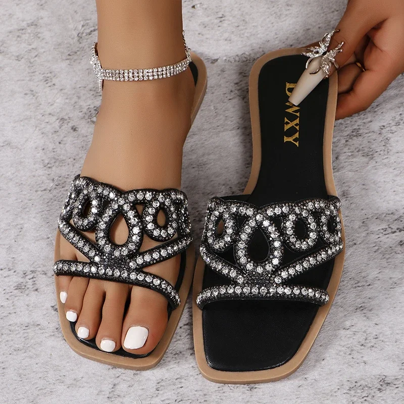 Sandal Slip on wanita, Kasut datar kasual Bling untuk dalam dan luar ruangan musim panas