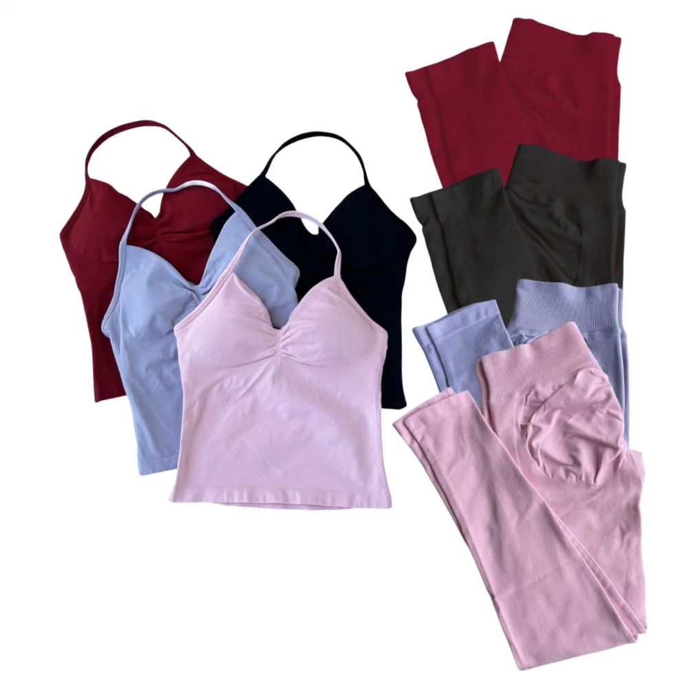 

2 Pcs Women Yoga Set Seamless Strappy Vest &Leggings High Quality Resistance Training Gym Workout Running Pants Vest Sport Set