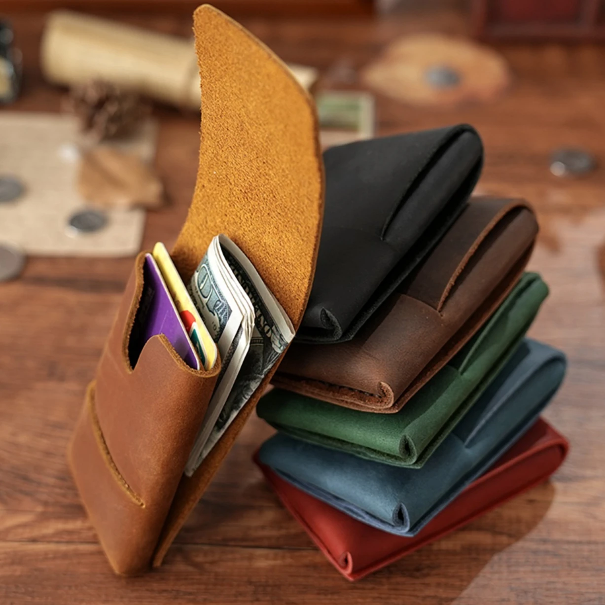 Creative Genuine Leather Pocket Wallet with Card Slot, Multifunctional Mini Purse Change Holder Pouch for Women Men
