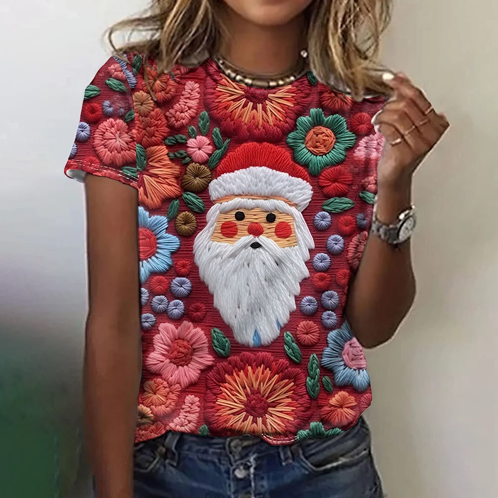 

Creative 3D Santa Clause Print T-Shirts For Women Loose Casual Round Neck Tees Christmas Theme Polyester Fiber Short Sleeve Tops
