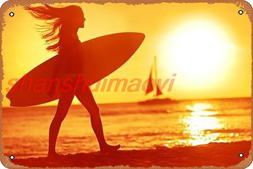 Metal Tin Sign 8 X 12 Inch - Surfing Surfer Woman Babe Beach Fun at Sunset. Girl Walking in Sunshine in Warm Evening Sun Ho yes