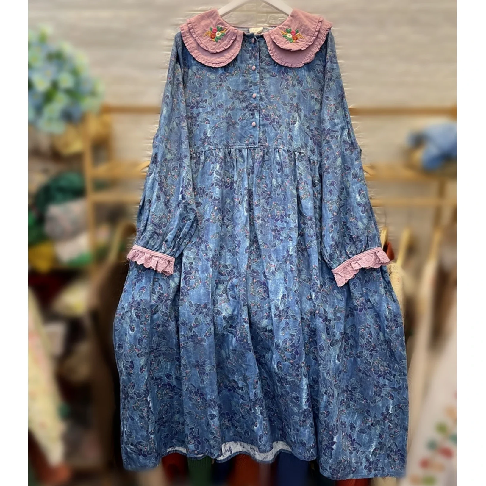 

Women Vintage Linen Long Sleeve Embroidery Tunic Midi Dress 2024 Retro Chic Cottagecore Japanese Mori Girl Aesthetic Long Dress