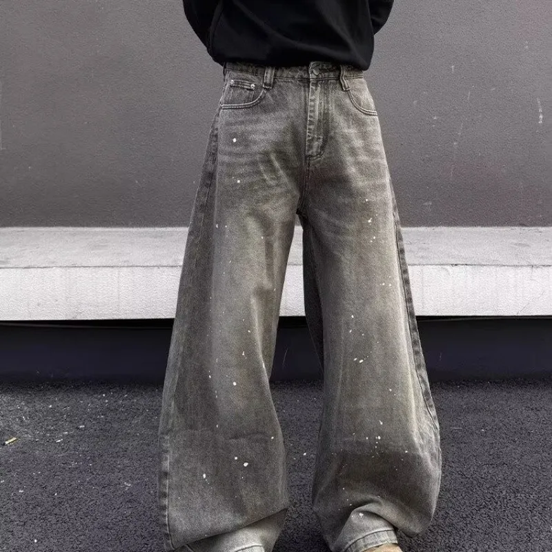 

American Vintage New Fashion Men's Washed Splashed Ink Casual Trendy Simple Basic Loose Wide Leg Denim Trousers Male Jeans Pants