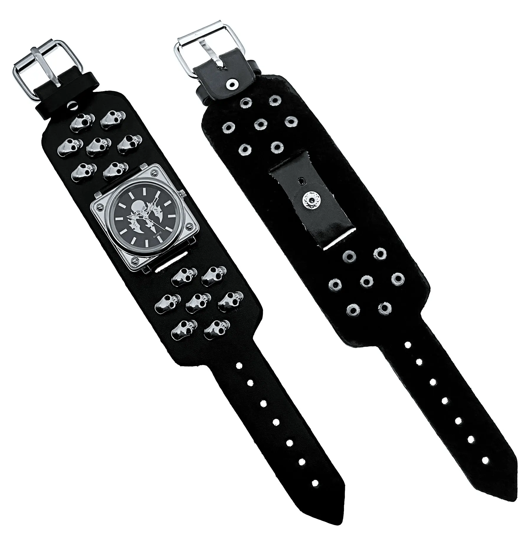 Punk Skull Square Watch for Men Black Wide Leather Cuff Band Watch Cool Style Wrist Watches Rock Locomotive Watches