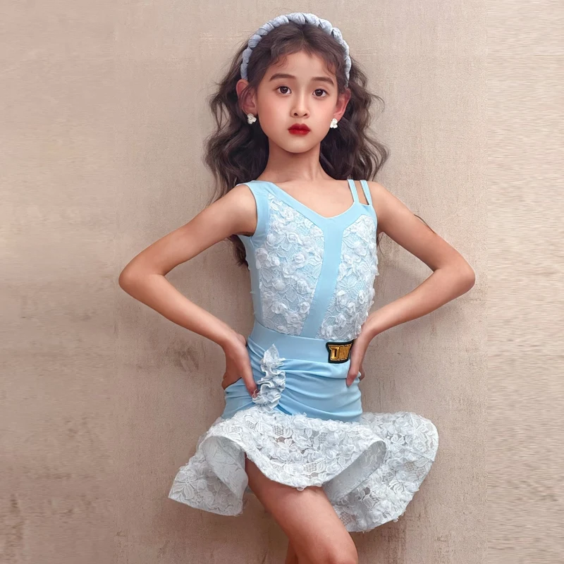 Vestidos de competição de dança de salão infantil, vestido azul de dança latina para meninas, roupa de dança para performance de salsa chacha sl12600
