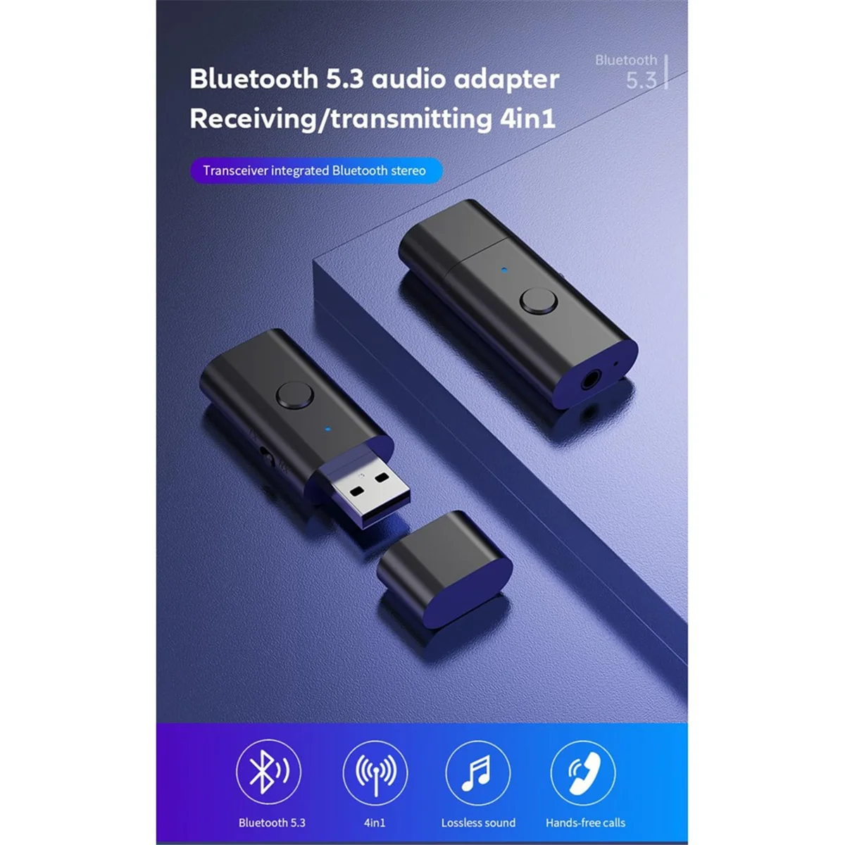 Bluetooth 5.3 Sender-Empfänger, 3,5-mm-Aux-Wireless-USB-Adapter, integriertes Mikrofon, Musik-Streaming, Freisprechanrufe