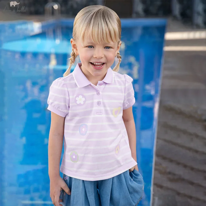 Dave Bella Girls' Polo Shirt Summer Sweet Cute Children's Short Sleeved T-shirt Baby Breathable Thin Striped Top Party DB2252181
