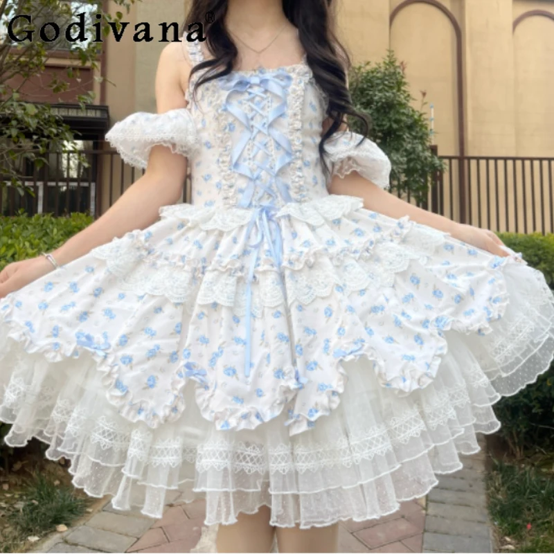 

Lolita Sweet Rose Print Temperament Slash Neck Fairy Suspender Dress Girl Versatile Age Reduction High Waist A-line Cake Dresses